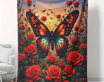 Manta de terciopelo con diseño floral de mariposa y rosa de estilo cottagecore, 50 x 60 cm, decoración natural para el hogar