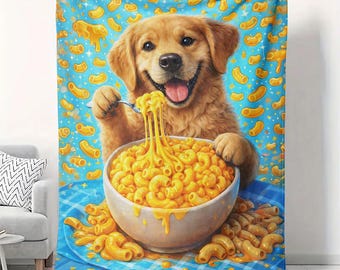 Manta de terciopelo con macarrones con queso y golden retriever, 50 x 60 cm, perro divertido