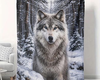 Manta de terciopelo con diseño de lobo gris, bosque invernal, 50 x 60 cm, decoración de vida silvestre