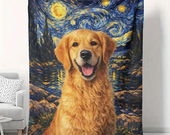 Manta de terciopelo con diseño de Golden Retriever y noche estrellada, 50 x 60 cm, arte para amantes de los perros