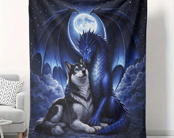 Manta de terciopelo con diseño de dragón, lobo y luna, 50 x 60 cm, decoración de animales místicos y fantásticos
