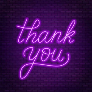 May include: A neon sign with the words "thank you" in a cursive font. The bright purple text is set against a dark purple brick wall background. The sign is illuminated, creating a glowing effect.