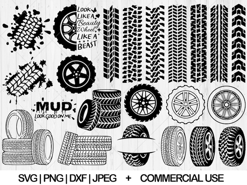Puede incluir: Un conjunto de elementos de dise&ntilde;o digital en blanco y negro que presentan patrones de banda de rodadura de neum&aacute;ticos, ruedas y el texto "MUP Look good on me" y "Look like a beauty wheel like a beast".