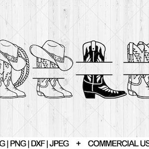 K&ouml;nnte beinhalten: Ein geteiltes Monogramm-Design mit Cowboystiefeln und H&uuml;ten. Das Design ist perfekt f&uuml;r die Erstellung personalisierter Geschenke oder Wohnaccessoires.