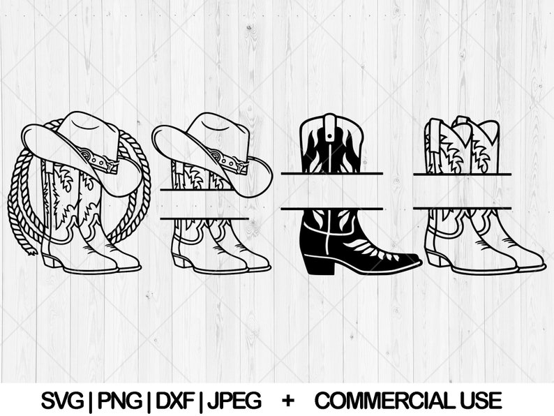 K&ouml;nnte beinhalten: Ein geteiltes Monogramm-Design mit Cowboystiefeln und H&uuml;ten. Das Design ist perfekt f&uuml;r die Erstellung personalisierter Geschenke oder Wohnaccessoires.