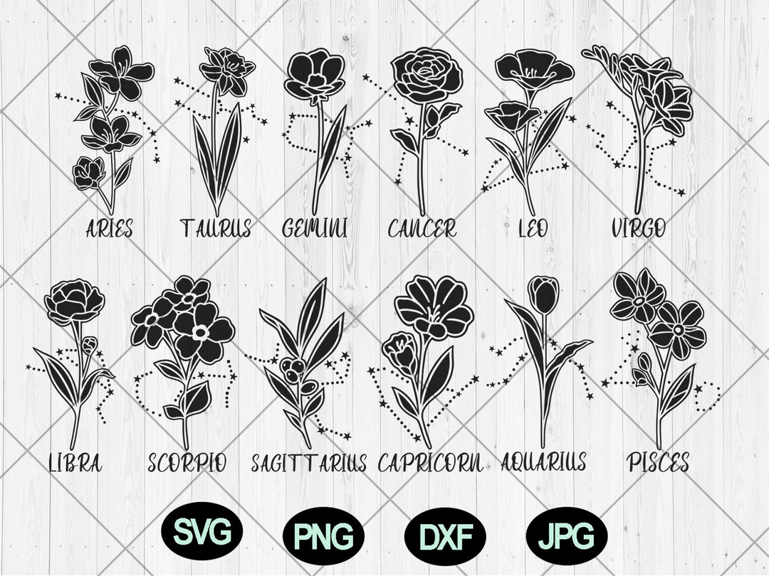 Floral Zodiac Sign Svg Bundle, Birth Flower Svg, Dxf, Png, Jpg, Zodiac
