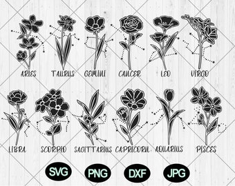 Signo zodiacal floral svg bundle, Flor de nacimiento svg, dxf, png, jpg, Signo estrella del zodiaco svg, Astrología svg, Signo zodiacal de flores svg, Descarga instantánea
