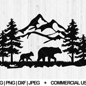 Forest bear svg, Mama and baby bear svg, dxf, png, jpg, Mountain bear scene svg, Outdoor bear svg, Bear landscape svg, Instant Download