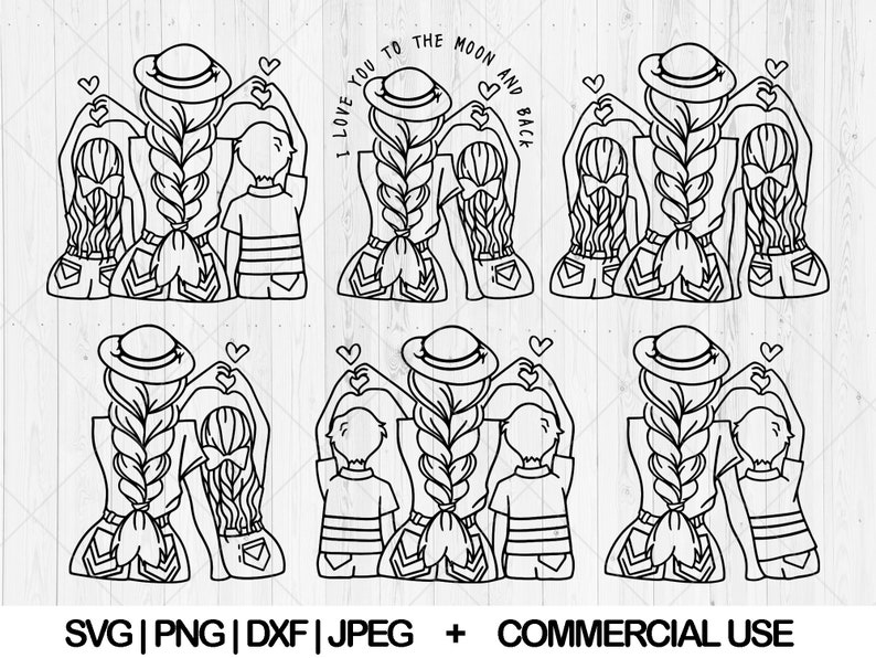 May include: Black and white line art featuring a mother and two children, forming a heart shape with their hands. The text "I love you to the moon and back" is included. The image is available in SVG, PNG, DXF, and JPEG formats.