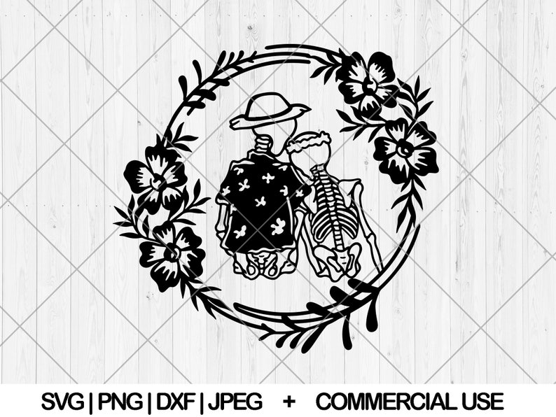 May include: Black and white illustration of two skeletons holding hands, wearing floral wreaths. The skeletons are wearing hats and one is wearing a patterned shirt. The image is set against a white woodgrain background.