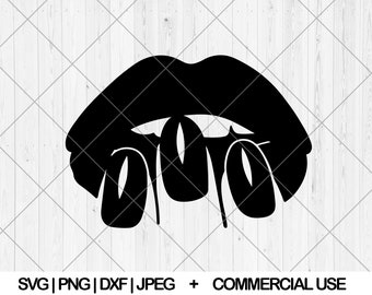 May include: Black and white silhouette of a pair of lips with a tongue sticking out.