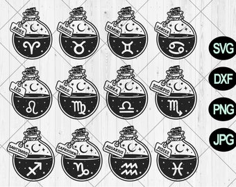 Zodiac potion bottle svg, Horoscope bundle svg, png, jpg, dxf, Zodiac signs svg, Celestial zodiac svg, Constellation svg, Instant Download