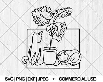 Cat and Plant svg, Plant lover svg, dxf, png, jpg, Plant mom svg, Plant lady svg, Cute cats with plant line art svg, Instant Download