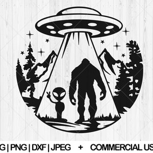 Alien abduction svg, Bigfoot and Alien under the moon svg, dxf, png, jpg, UFO svg, Flying saucer svg, Mountain scene svg, Instant Download