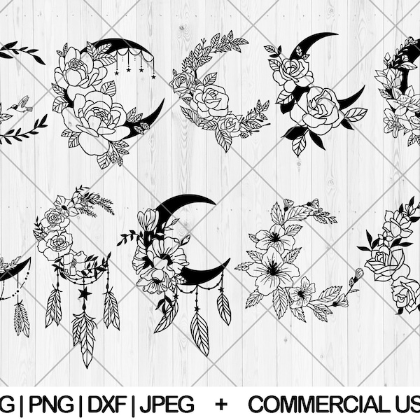 10 Floral moon svg bundle, Moon with flowers svg, dxf, png, jpg, Celestial moon svg bundle, Moon flower with feathers svg, Instant Download