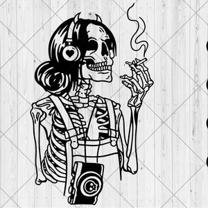 May include: Black and white illustration of a skeleton wearing headphones and smoking a cigarette. The skeleton has long hair and is wearing overalls.