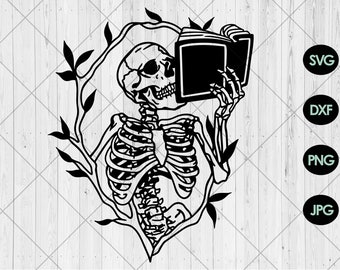 Scheletro che tiene Libro svg, Libro floreale arte svg, dxf, png, jpg, Amante del libro svg, Lettore Bookish svg, Libro con fiori svg, Download istantaneo