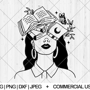 Frau mit Büchern im Kopf svg, Girl who loves books svg, dxf, png, jpg, Bookish svg, Buchliebhaber svg, Bücher svg, Sofort Download