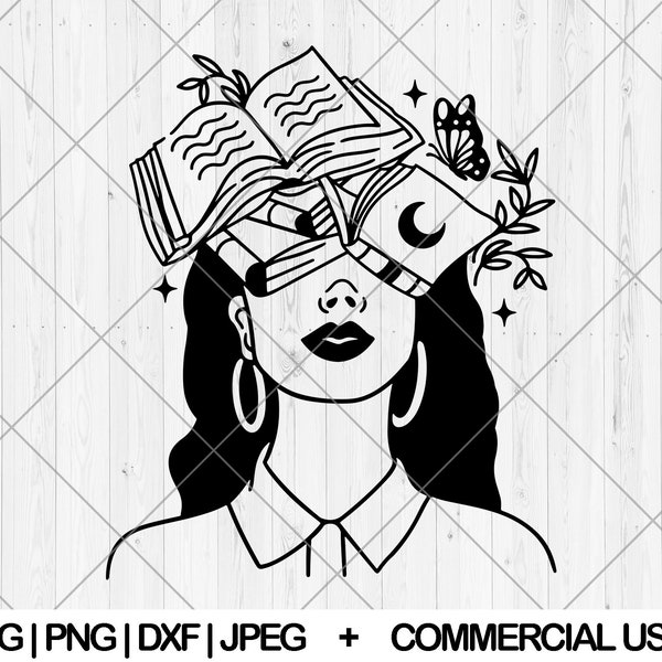 Femme avec des livres dans la tête svg, Fille qui aime les livres svg, dxf, png, jpg, Bookish svg, Amateur de livres svg, Bibliothécaire de lecture svg, Téléchargement instantané