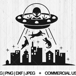 May include: Black and white silhouette of a UFO with an alien inside, abducting three cats over a city skyline. The UFO has a beam of light coming from it, and there are stars in the background.