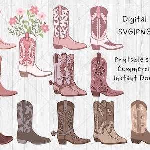 May include: A collection of illustrated cowboy boots in various shades of pink, brown, and white. Some boots feature floral or patterned designs. Text on the right side reads "Digital Files SVG PNG IDXF" and "Printable stickers Commercial use Instant Download."