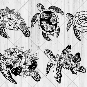 5 Floral sea turtle svg bundle, Sea turtle with flower svg, png, dxf, jpg, Summer sea turtle svg, Cute turtle svg bundle, Instant Download