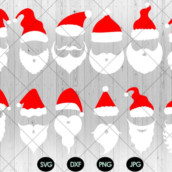 12 Santa hat and Beard svg bundle, Santa beard svg, dxf, png, jpg, Cute santa claus face svg, Christmas santa head svg, Instant Download