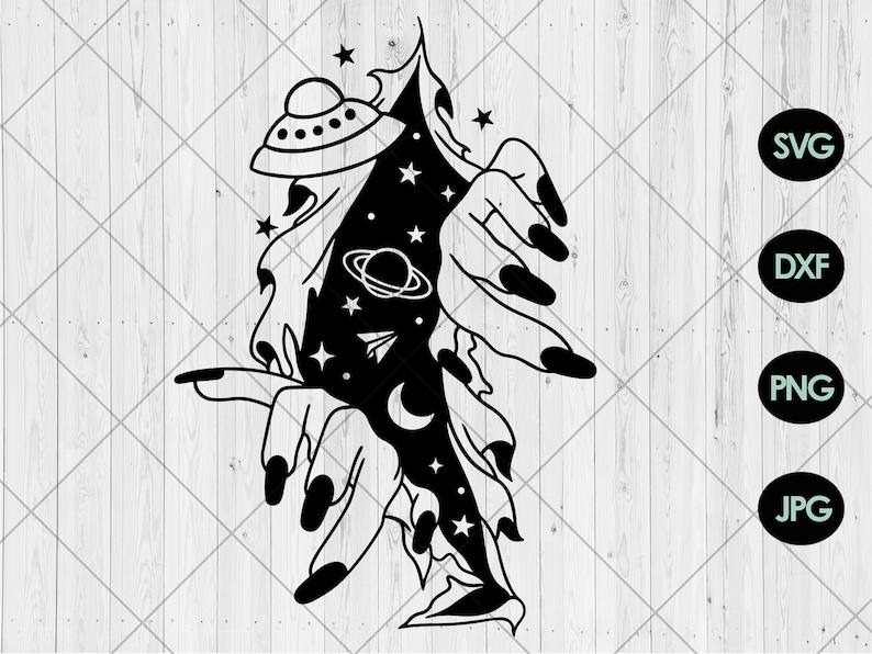 May include: Black and white line art illustration of two hands reaching out from a tear in the fabric of space. The hands are reaching towards a UFO and stars.