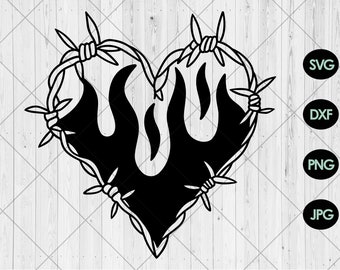 Barbed wire heart svg, Flame heart svg, dxf, png, jpg, Fire heart svg, Barbed wire heart in fire svg, Burning heart svg, Instant download