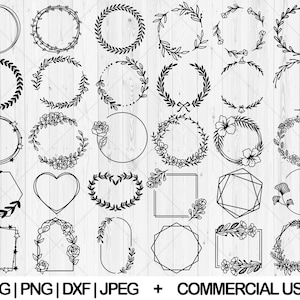 May include: A set of 30 black and white floral wreath and frame SVG cut files. The frames are in various shapes, including circles, squares, hearts, and hexagons. The wreaths are made of leaves, flowers, and other botanical elements. The files are perfect for creating invitations, cards, and other crafts.