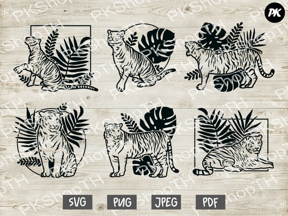 Download Tiger With Tropical Leaves Svg Bundle Tiger With Plant Art Etsy