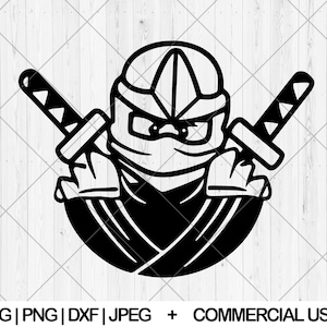 May include: Black and white ninja graphic with two crossed katanas. The ninja is wearing a mask and head covering. The image includes the text "SVG | PNG | DXF | JPEG + COMMERCIAL USE".