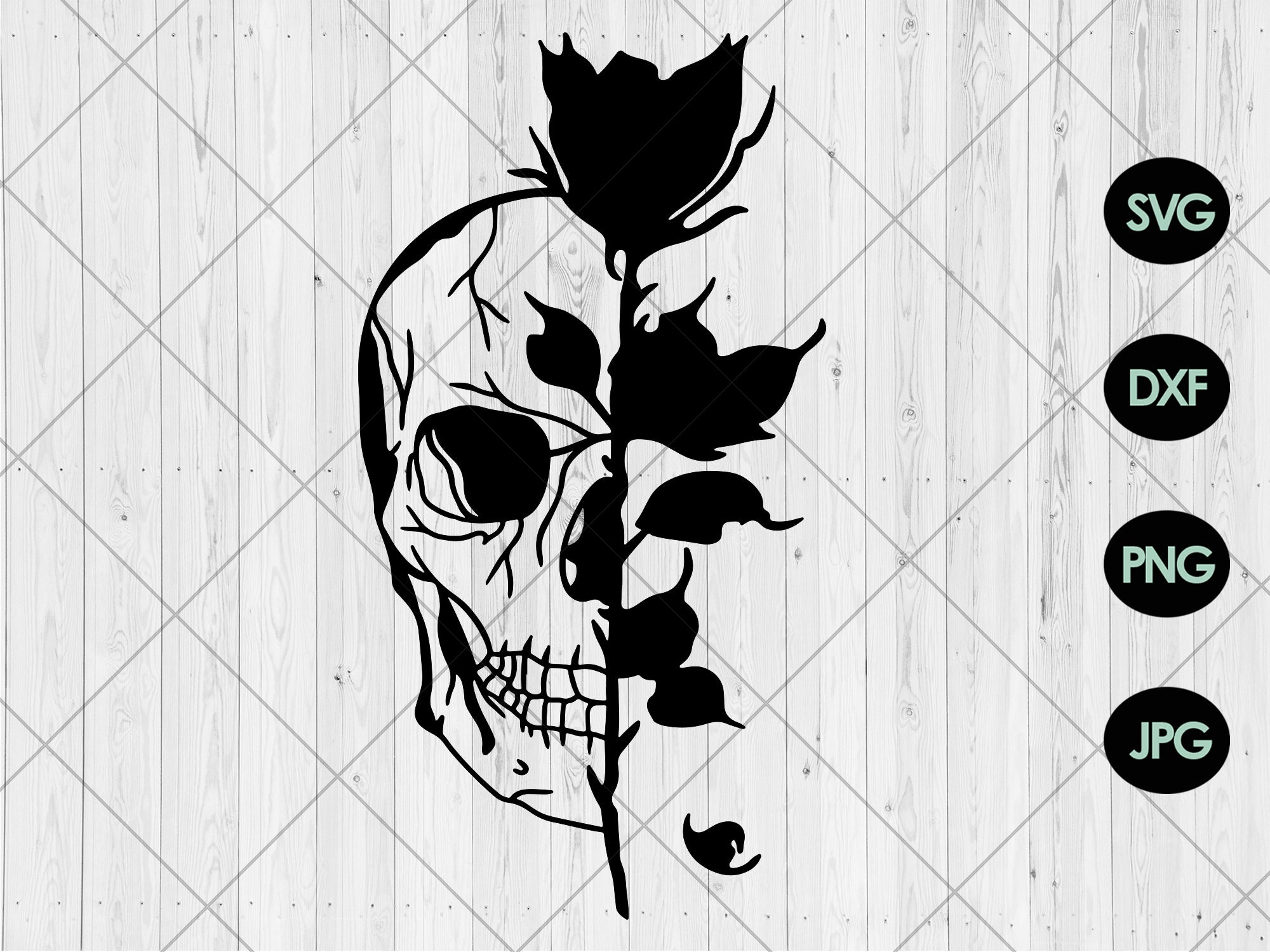 Rose Skull Svg, Skull With Flower Svg, Png, Dxf, Jpg, Half Rose Skull Svg, Skull With Flower Svg, Png, Dxf, Jpg, Half