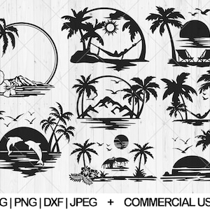 8 Beach scene svg bundle, Sunset beach svg, dxf, png, jpg, Beach life svg, Island palm tree svg, Tropical island svg, Instant Download