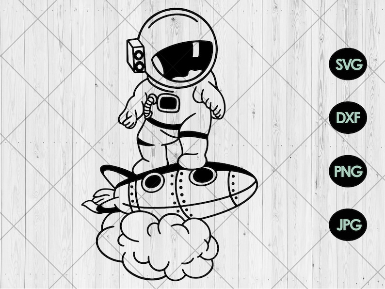 May include: A black and white illustration of an astronaut standing on a rocket ship with a cloud underneath. The astronaut is wearing a helmet and a spacesuit.