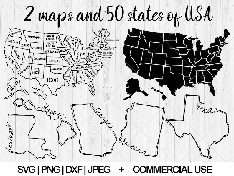 Puede incluir: Un mapa en blanco y negro de los Estados Unidos con cada estado etiquetado. El mapa est&aacute; dividido en dos secciones, una que muestra los estados contiguos y la otra que muestra Alaska y Haw&aacute;i. El texto "2 maps and 50 states of USA" est&aacute; en la parte superior de la imagen. El texto "SVG | PNG | DXF | JPEG + COMMERCIAL USE" est&aacute; en la parte inferior de la imagen.