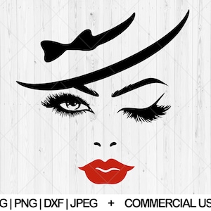 Frau Gesicht svg, Makeup Gesicht svg, Frau mit Hut svg, Wimpern svg, Rote Lippen svg, Wimpern und Brows svg, Frauen Gesicht svg, Sofort Download