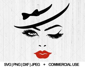 Woman face svg, Makeup face svg, Woman with hat svg, Eyelash svg, Red lip svg, Eyelash and brows svg, Ladies face svg, Instant Download