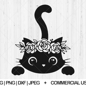 Floral cat svg, Peeking cat svg, dxf, png, jpg, Cute kitten svg, Funny black cat svg, Cat with flowers svg, Cat face svg, Instant Download