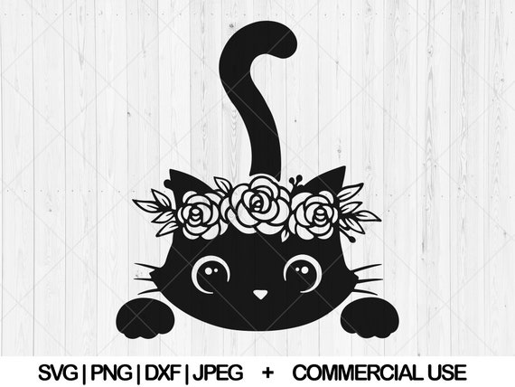 Floral cat svg, Peeking cat svg, dxf, png, jpg, Cute kitten svg, Funny black cat svg, Cat with flowers svg, Cat face svg, Instant Download