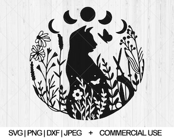 Floral cat svg, Moon cat svg, dxf, png, jpg, Wildflower cat svg, Moon phase cat svg, Cat with flowers svg, Lunar cat svg, Instant Download