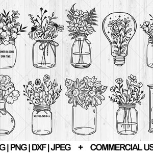 May include: A set of ten black and white line art illustrations of mason jars with flowers. The jars are filled with different types of flowers, including wildflowers, daisies, and roses. The illustrations are perfect for crafting, scrapbooking, or adding a touch of nature to your designs. The text "EVERY FLOWER BLOOMS IN ITS OWN TIME" and "WILDFLOWERS" are included in the image.