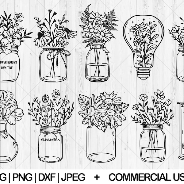 Floral jar svg bundle, Floral mason jar svg, dxf, png, jpg, Jar with wildflowers svg, Herbs jar svg, Mason jar flowers svg, Instant Download