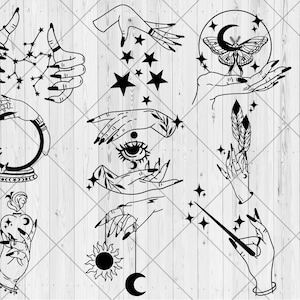 May include: A set of nine black and white illustrations of hands with various magical objects, including a crystal ball, a feather, a wand, a moon, a star, and a moth. The illustrations are in a vintage style and would be perfect for use in a variety of creative projects.