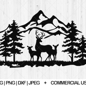 Deer mountain svg, Deer in the forest svg, dxf, png, jpg, Nature deer svg, Deer scene svg, Forest tree svg, Deer family svg,Instant Download