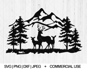 Deer mountain svg, Deer in the forest svg, dxf, png, jpg, Nature deer svg, Deer scene svg, Forest tree svg, Deer family svg,Instant Download