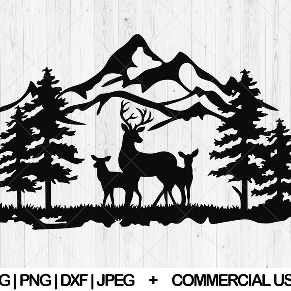 Deer mountain svg, Deer in the forest svg, dxf, png, jpg, Nature deer svg, Deer scene svg, Forest tree svg, Deer family svg,Instant Download