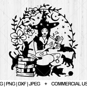 May include: Black and white illustration of a witch reading a book with a cauldron, stars, and cats. The witch is wearing a pointed hat and has long hair. The image is set against a white background.