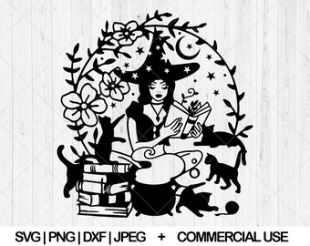Witch and black cat svg, Celestial witch svg, png, dxf, jpg, Floral witch svg,  svg, Witch spell book svg, Gothic witch svg,Instant Download