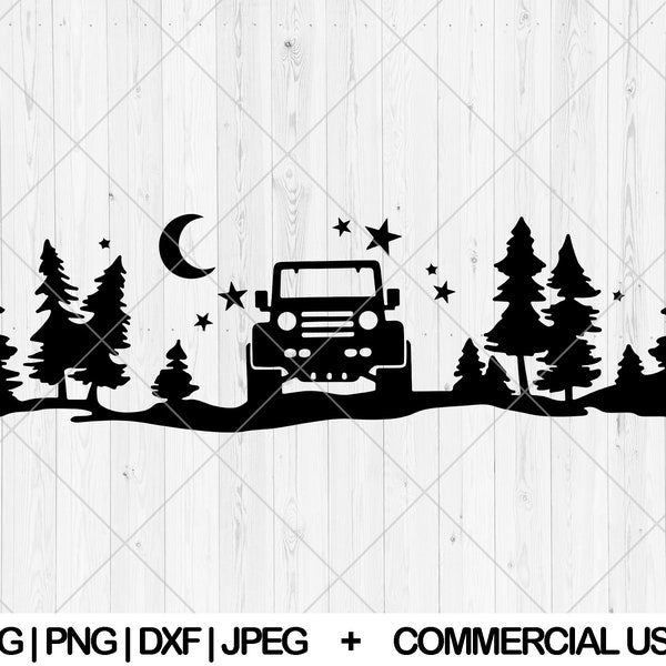 Escena fuera de la carretera svg, Lindo camión fuera de la carretera svg, dxf, png, jpg, Bosque de coches todo terreno svg, Escena del bosque nocturno svg, Camión svg, Descargar al instante